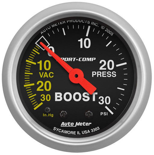 AUTOMETER SPORT-COMP SERIES BOOST/VACUUM GAUGE 2-1/16", FULL SWEEP MECHANICAL, 30 In.Hg / 30 psi