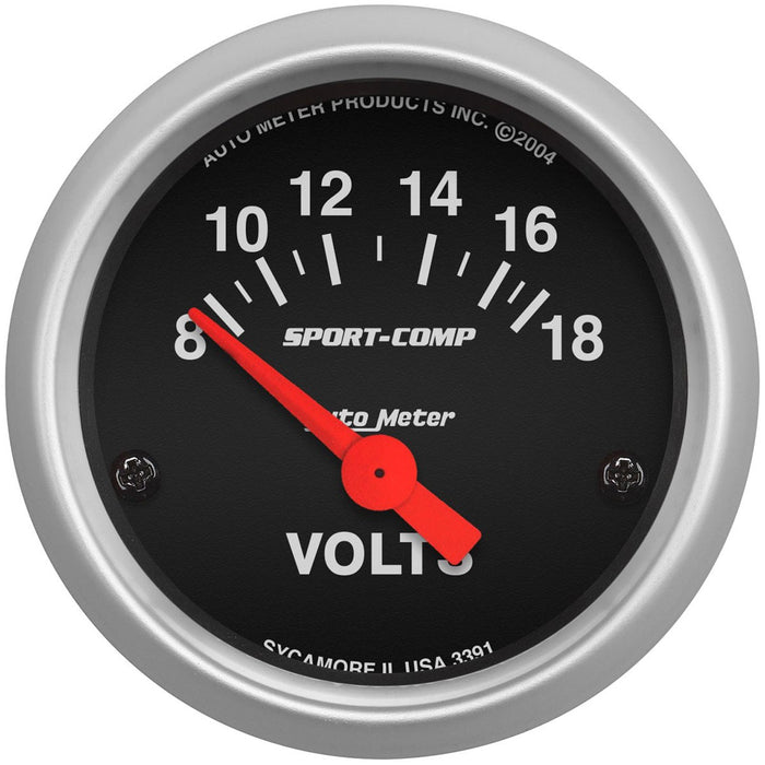 AUTOMETER SPORT-COMP SERIES VOLTMETER GAUGE 2-1/16", SHORT SWEEP ELECTRIC, 8-18 VOLTS