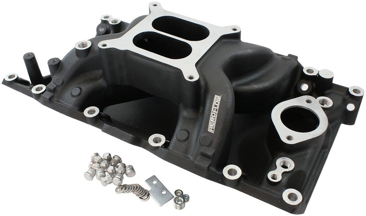 SMALL BLOCK CHRYSER AIR GAP DUAL PLANE INTAKE MANIFOLD, BLACK FINISH