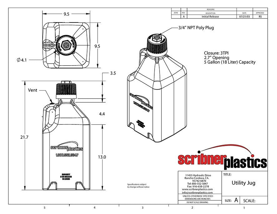 5 GALLON (18.9L) SQUARE UTILITY JUG - WHITE