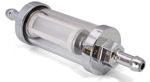 CHROME / GLASS FUEL FILTER WITH RELACEABLE ELEMENT, 5/16" INLET/OUTLET