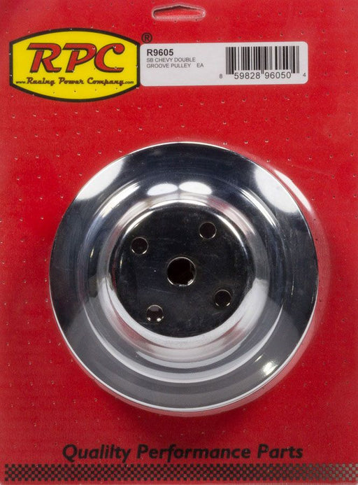 CHROME STEEL WATER PUMP UPPER PULLEY,, DOUBLE GROOVE 6.30" DIA.. 2.30" BOLT CIRCLE SUIT SB CHEV