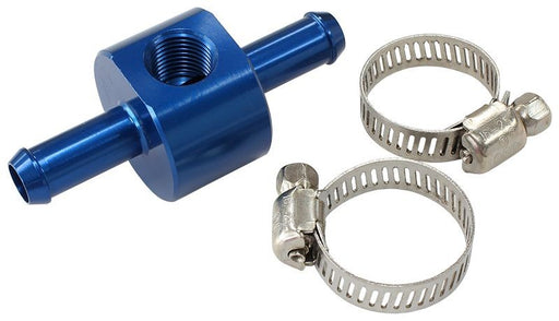 Inline 3/8" Barb Adapter with 1/8" Port, Blue Finish    