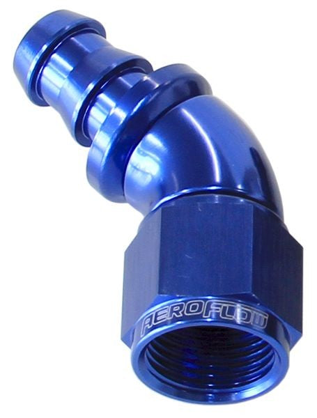 510 SERIES FULL FLOW TIGHT RADIUS PUSH LOCK 45° HOSE END -6AN BLUE     