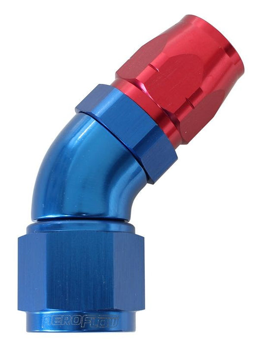 550 SERIES CUTTER STYLE ONE-PIECE SWIVEL 45° STEPPED HOSE END -8AN TO -6 HOSE BLUE/RED