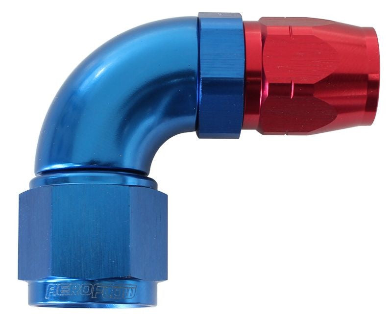 550 SERIES CUTTER STYLE ONE-PIECE SWIVEL 90° STEPPED HOSE END -8AN TO -6 HOSE BLUE/RED