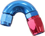 550 SERIES CUTTER STYLE ONE-PIECE SWIVEL 150° STEPPED HOSE END -8AN TO -6 HOSE BLUE/RED