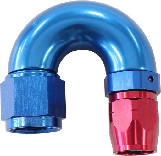 550 SERIES CUTTER STYLE ONE-PIECE SWIVEL 180° STEPPED HOSE END -10AN TO -8 HOSE BLUE/RED