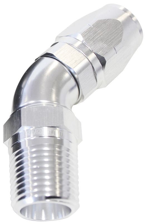 45° MALE NPT FULL FLOW SWIVEL HOSE END 1/4" TO -6AN - SILVER