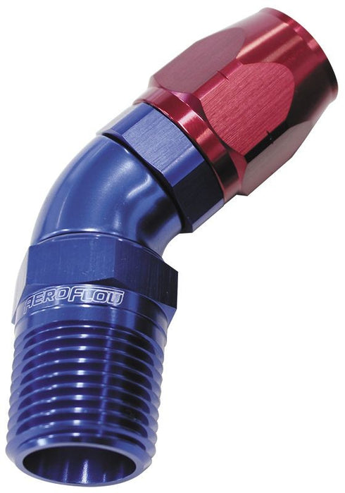 45° MALE NPT FULL FLOW SWIVEL HOSE END 3/8" TO -6AN BLUE / RED