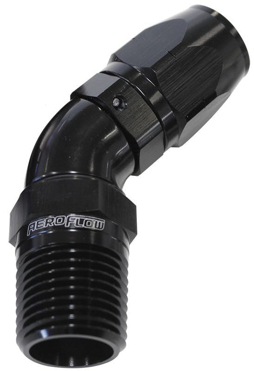 45° MALE NPT FULL FLOW SWIVEL HOSE END 3/8" TO -6AN - BLACK