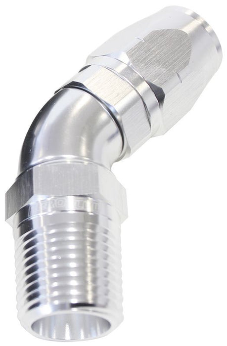 45° MALE NPT FULL FLOW SWIVEL HOSE END 3/8" TO -6AN - SILVER