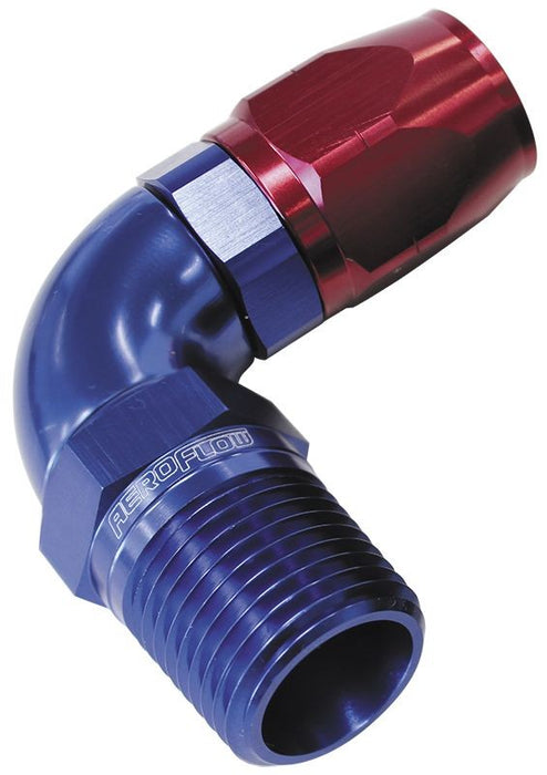 90° MALE NPT FULL FLOW SWIVEL HOSE END 1/8" TO -6AN BLUE/RED