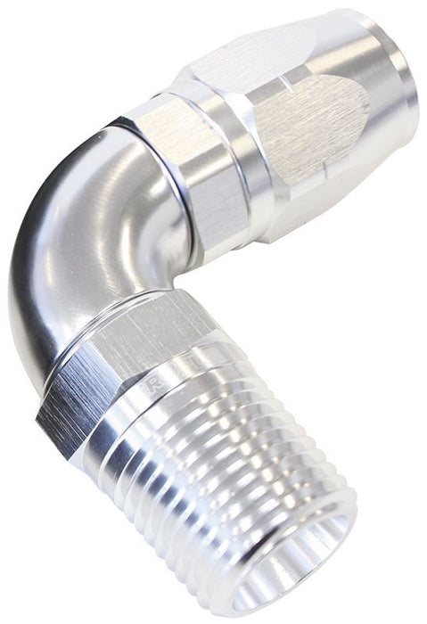 90° MALE NPT FULL FLOW SWIVEL HOSE END 1/4" TO -6AN SILVER