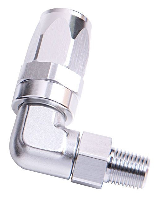 90° MALE NPT FULL FLOW SWIVEL HOSE END 1/2" TO -10AN SILVER