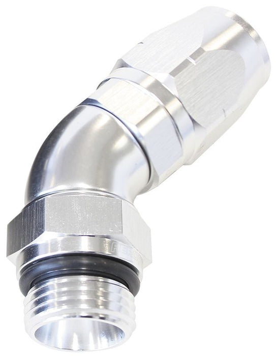 45° MALE ORB FULL FLOW SWIVEL HOSE END -4 ORB TO -6 HOSE SILVER