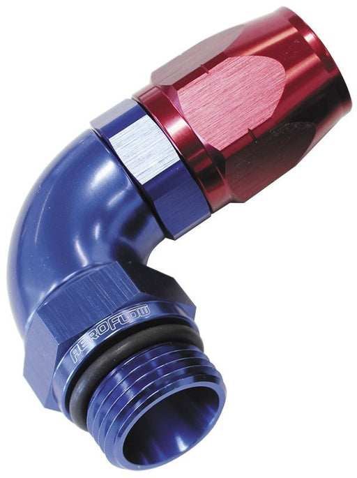 90° MALE ORB FULL FLOW SWIVEL HOSE END -4 ORB TO -6AN BLUE/RED