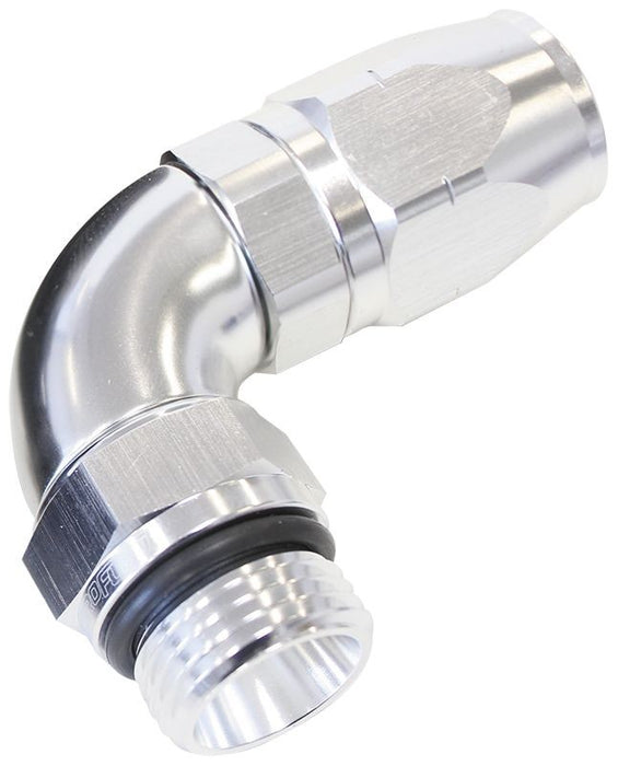 90° MALE ORB FULL FLOW SWIVEL HOSE END -4 ORB TO -6AN SILVER