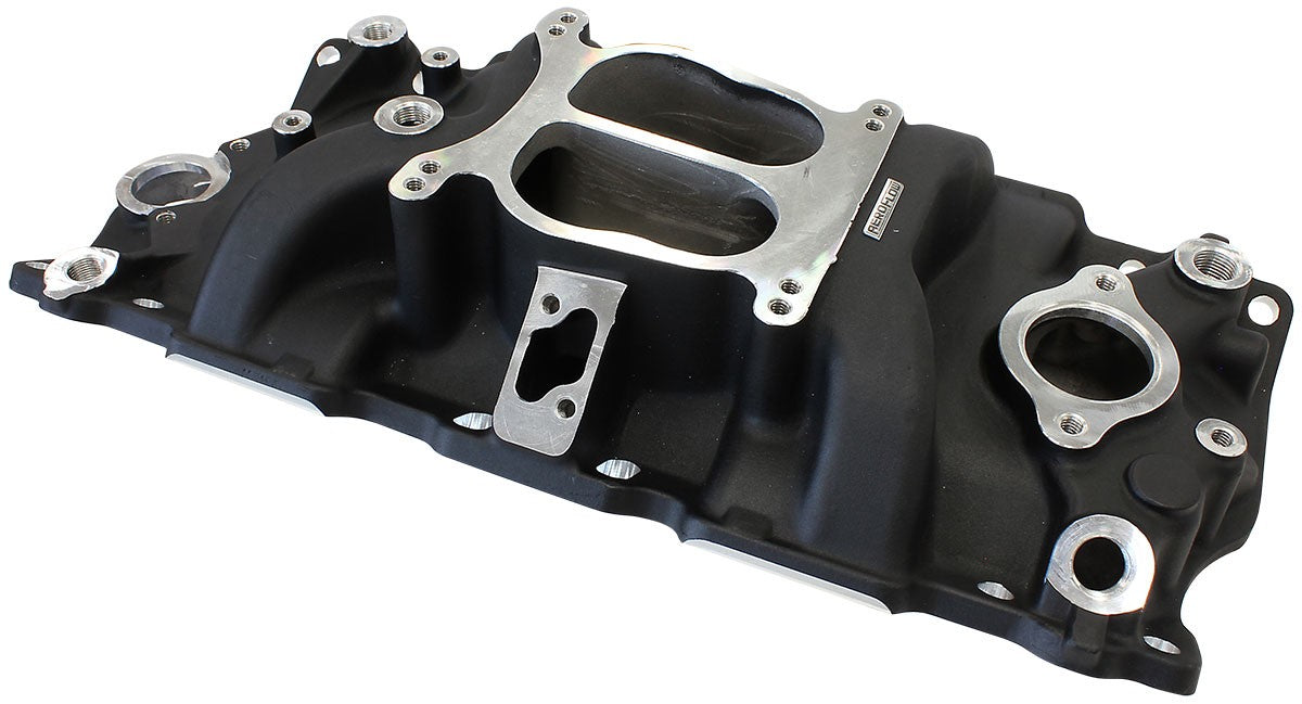 SB CHEV CLASSIC DUAL PLANE INTAKE MANIFOLD, BLACK FINISH