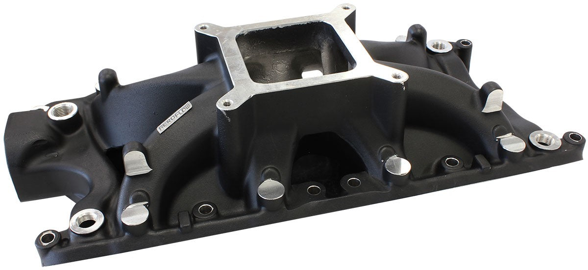 FORD 289-302W HI-RISE SINGLE PLANE INTAKE MANIFOLD, BLACK FINISH