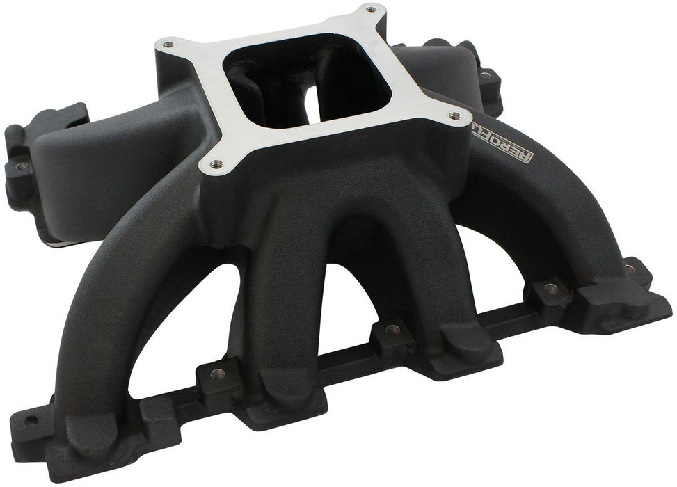 GM LS CATHEDRAL PORT CARBURETOR HI RISE SINGLE PLANE NON-EFI INTAKE MANIFOLD, BLACK FINISH