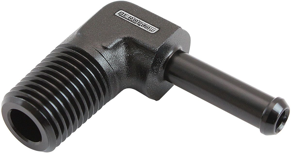 AF842-04-04BLK - AEROFLOW 90 DEG MALE 1/4" NPT TO 1/4" (6.35MM) BARB BLACK 