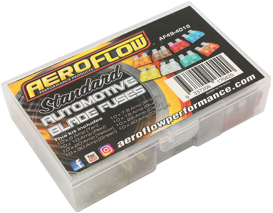 AF49-4015-Aeroflow Bulk Multi Pack Standard Blade Fuses – 90 Pieces 10 of Each 5 AMP up to 40 AMP Fuses Included 