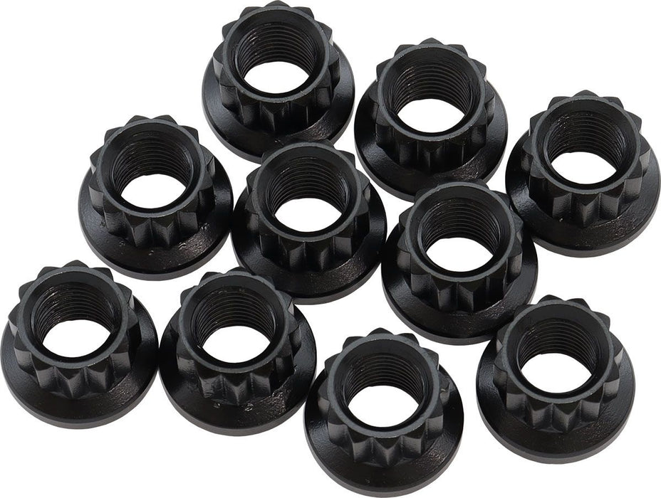 af34-28-0011- Aeroflow 12-Point Nuts, Chrome Moly Black Oxide, 10-Pack  3/8"-24 Thread, .700" O.D, 1/2" Socket 