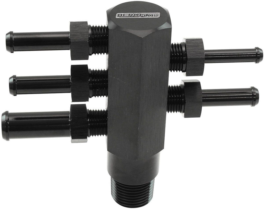 af458-06blk-Aeroflow 3/8" NPT Aluminium Vacuum Tree - Black Finish 1 x 3/16", 3 x 1/4", 1 x 3/8" Barbs Included 