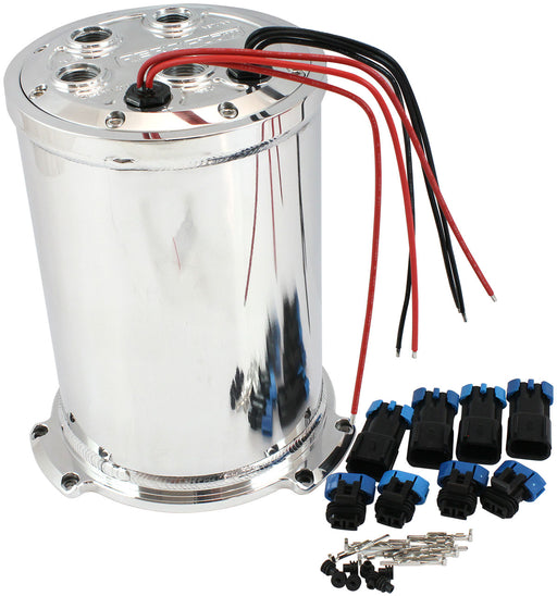  Triple EFI Fuel Pump Round Surge Tank - Polished, 5 Liter (1.25 Gal), -10 ORB Outlet With -8 ORB Returns