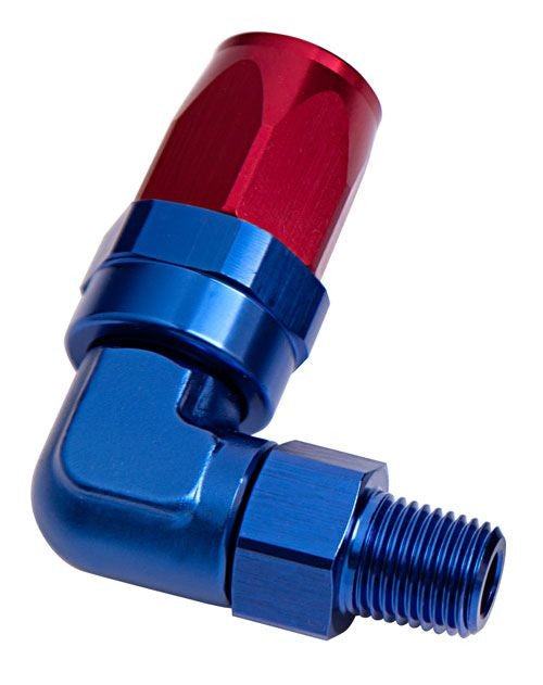 90° MALE NPT FULL FLOW SWIVEL HOSE END 1/2" TO -10AN BLUE/RED