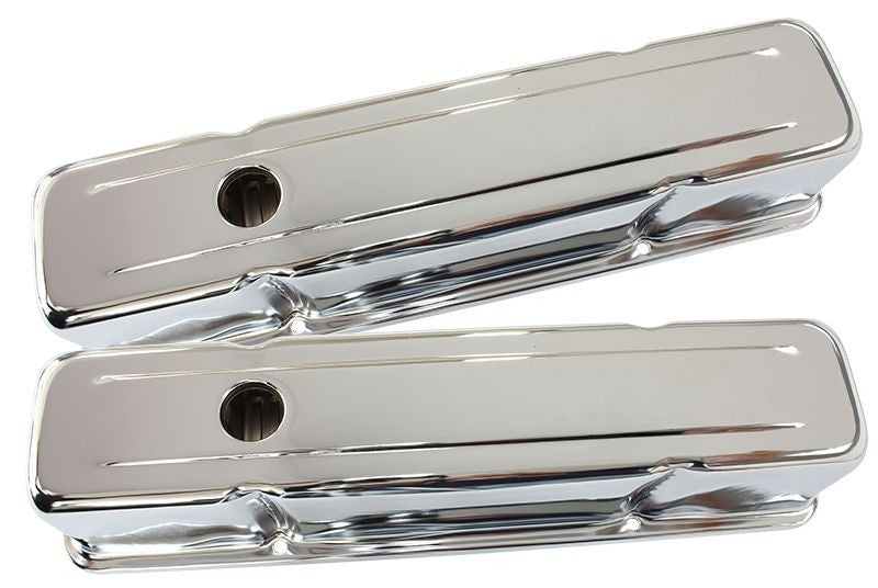 CHROME STEEL VALVE COVERS SUIT SBC TALL, NO LOGO